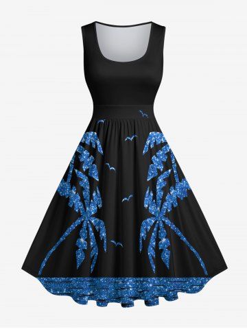 Plus Size Glitter Sequins Coconut Tree Sea Bird Print Hawaii Vintage Swing A Line Dress - BLACK - M