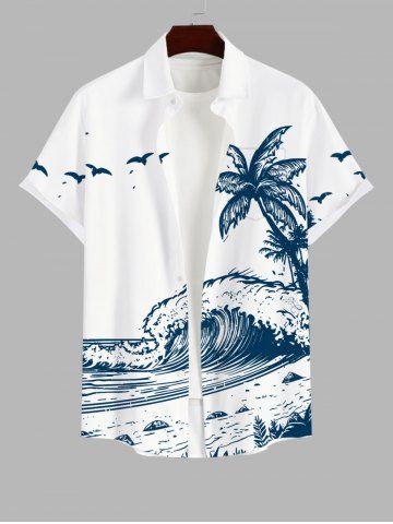 Plus Size Coconut Tree Sea Wave Beach Bird Print Hawaii Button Pocket Shirt For Men - WHITE - S