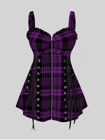 Plus Size & Curve Lace Up Full Zipper Plaid Tank Top - CONCORD - 1X | US 14-16