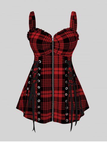 Plus Size & Curve Lace Up Full Zipper Plaid Tank Top - RED - L | US 12