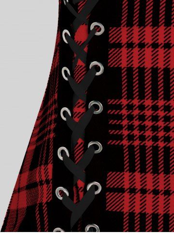 Plus Size & Curve Lace Up Full Zipper Plaid Tank Top