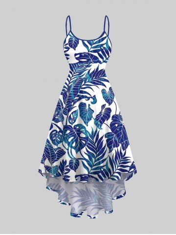 Plus Size Tropical Leaf Print High Low Hawaii Cami Dress - SKY BLUE - 2X