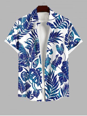 Plus Size Tropical Leaf Print Buttons Pocket Hawaii Shirt For Men - BLUE - S