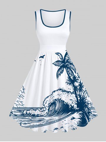 Plus Size Coconut Tree Sea Wave Beach Bird Print Hawaii Vintage Swing A Line Dress - WHITE - XXS