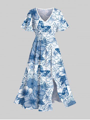 Plus Size Hibiscus Flowers Leaf Butterfly Print Split Hawaii Midi Dress - BLUE - S
