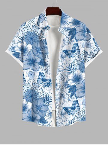 Plus Size Hibiscus Flowers Leaf Butterfly Print Buttons Pocket Hawaii Shirt For Men - BLUE GRAY - 4XL