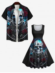 Halloween Costume Metallic Skull Rose Flower Print Plus Size Matching Outfit For Couples -  