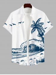 Plus Size Coconut Tree Sea Wave Beach Bird Print Hawaii Button Pocket Shirt For Men -  