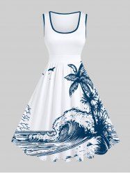 Robe Trapèze Vintage Imprimé Cocotiers et Vagues Marines Grande Taille - Blanc L