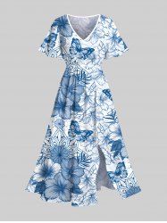 Plus Size Hibiscus Flowers Leaf Butterfly Print Split Hawaii Midi Dress - Bleu 1X