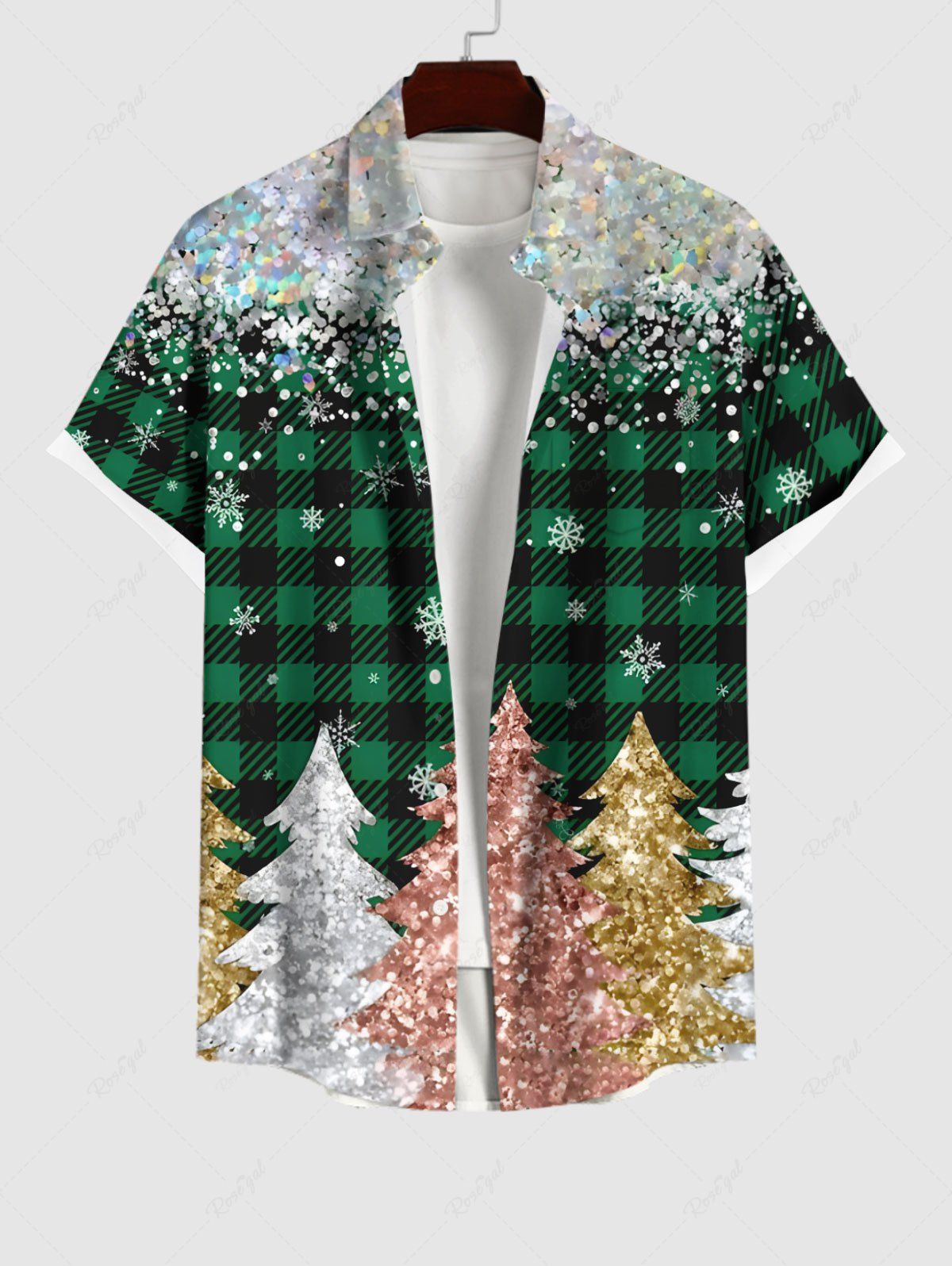 Chemise Brillant 3D Flocon de Neige et Sapin de Noël Imprimé à Carreaux avec Poche de Grande Taille Noir L