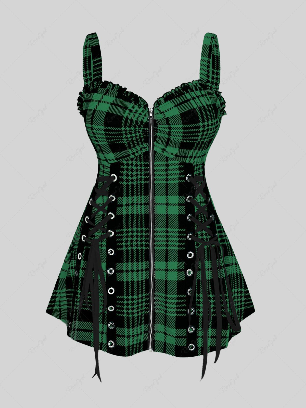 Fancy Plus Size & Curve Lace Up Full Zipper Plaid Tank Top  
