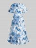 Plus Size Hibiscus Flowers Leaf Butterfly Print Split Hawaii Midi Dress -  