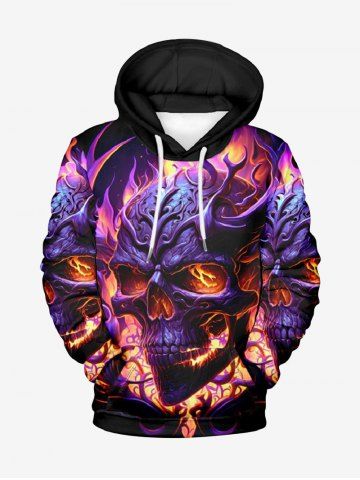 Plus Size Halloween Costume Fire Flame Metallic Skull Print Pocket Drawstring Hoodie For Men - BLACK - 5XL