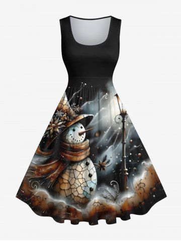 Plus Size Christmas Floral Snowman Street Light Print 1950s Vintage Dress - BLACK - 4X