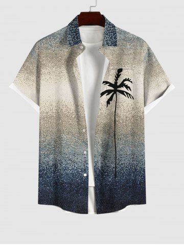 Plus Size Ombre Colorblock Coconut Tree Print Buttons Pocket Hawaii Shirt For Men