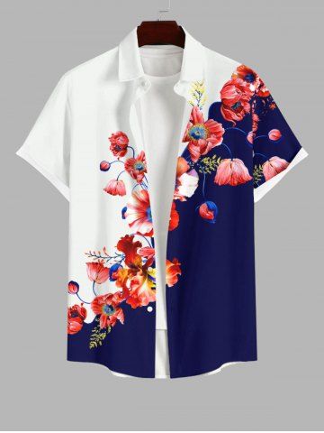 Plus Size Flowers Colorblock Print Buttons Pocket Hawaii Shirt For Men - WHITE - L