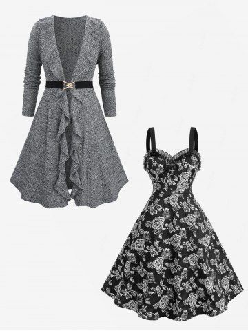 Marled Ruffles Ruched Knitted Long Sleeves Cardigan and Rose Flower Embroidery Jacquard Dress Plus Size Outfit - GRAY