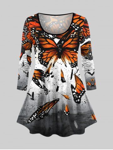 T-shirt Peinture Eclaboussée et Papillon Imprimés de Grande Taille à Manches Longues - MULTI-A - 6X
