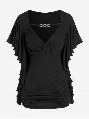 Plus Size Butterfly Sleeves Flounce Ruched Solid Surplice Tee - BLACK - 4X | US 26-28