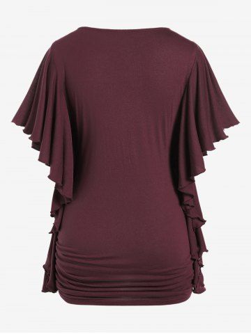Plus Size Butterfly Sleeves Flounce Ruched Solid Surplice Tee