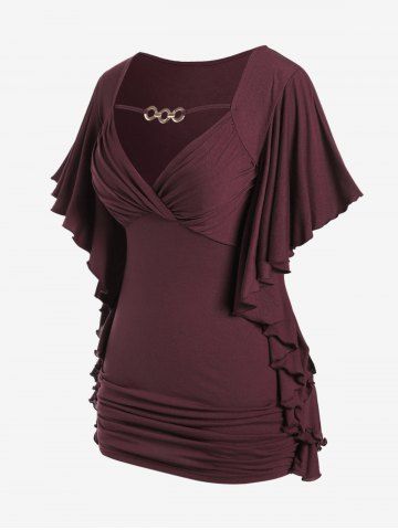 Plus Size Butterfly Sleeves Flounce Ruched Solid Surplice Tee