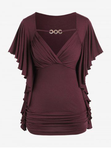 Plus Size Butterfly Sleeves Flounce Ruched Solid Surplice Tee - DEEP RED - L | US 12