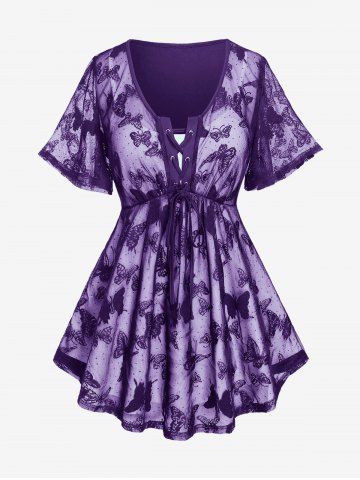 Plus Size Butterfly Lace Overlay Lace-up 2 in 1 Tee