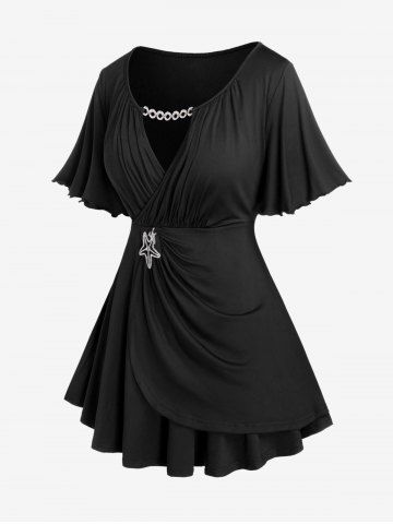 Plus Size Lettuce Ruched Keyhole Flutter Sleeves Surplice Tee