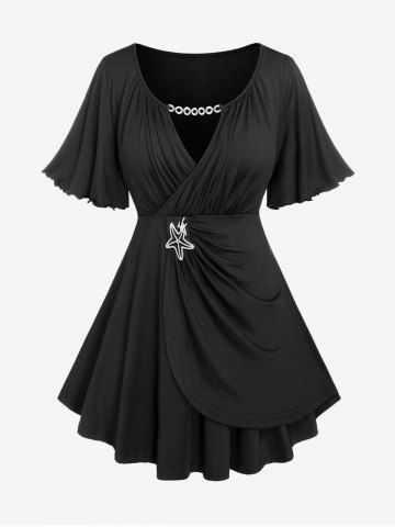 Plus Size Lettuce Ruched Keyhole Flutter Sleeves Surplice Tee - BLACK - 5X | US 30-32