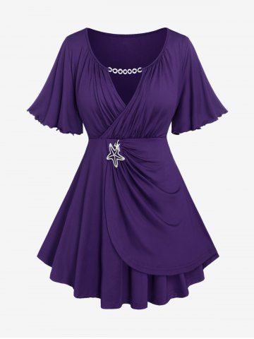 Plus Size Lettuce Ruched Keyhole Flutter Sleeves Surplice Tee - CONCORD - 2X | US 18-20