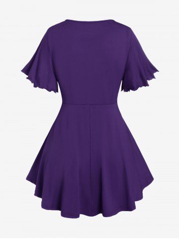 Plus Size Lettuce Ruched Keyhole Flutter Sleeves Surplice Tee