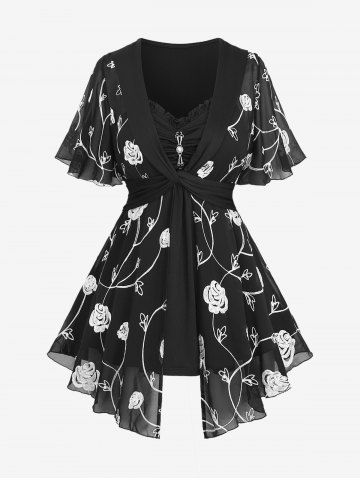 Plus Size Pearl Buckle Panel Ruched Twist Ruffles Embroidery Rose Flowers Chiffon 2 In 1 Top - BLACK - 5X | US 30-32