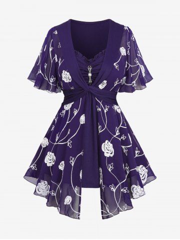 Plus Size Pearl Buckle Panel Ruched Twist Ruffles Embroidery Rose Flowers Chiffon 2 In 1 Top - CONCORD - 4X | US 26-28