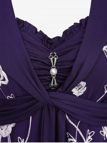 Plus Size Pearl Buckle Panel Ruched Twist Ruffles Embroidery Rose Flowers Chiffon 2 In 1 Top