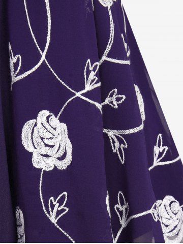 Plus Size Pearl Buckle Panel Ruched Twist Ruffles Embroidery Rose Flowers Chiffon 2 In 1 Top