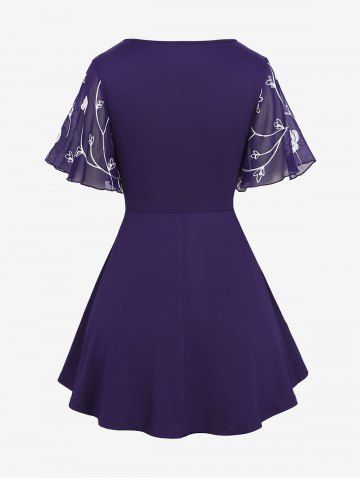 Plus Size Pearl Buckle Panel Ruched Twist Ruffles Embroidery Rose Flowers Chiffon 2 In 1 Top