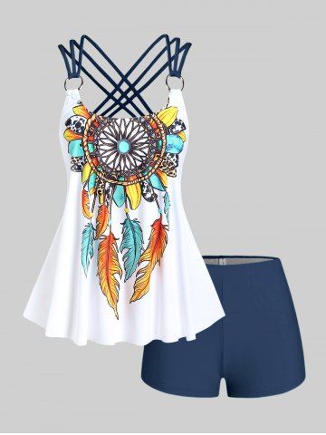 Plus Size Feather Print Crisscross Strappy Back Rings Boyshorts Tankini Swimsuit - DEEP BLUE - 3X | US 22-24