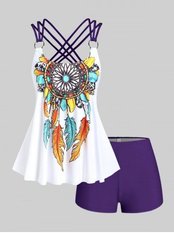 Plus Size Feather Print Crisscross Strappy Back Rings Boyshorts Tankini Swimsuit - CONCORD - 2X | US 18-20