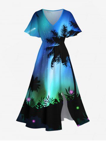 Plus Size Coconut Tree Colorful Glitter Ombre Galaxy Print Hawaii Split Pocket A Line Midi Dress