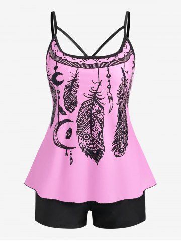 Plus Size Dreamcatcher Print Modest Tankini Swimsuit - LIGHT PINK - 2X