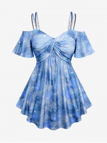 Plus Size Ombre Tie Dye Galaxy Moon Star Print Twist Chains Hollow Out Cold Shoulder Top - BLUE - 2X | US 18-20