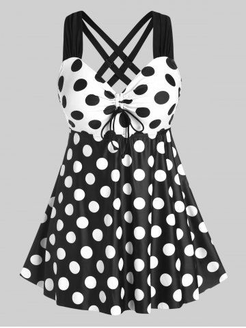 Plus Size & Curve Cinched Polka Dot Crisscross Tankini Swimsuit - WHITE - 5X