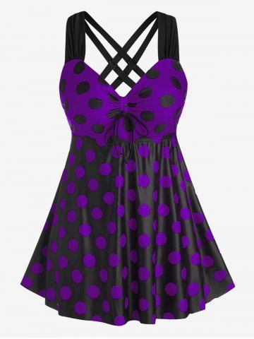 Plus Size & Curve Cinched Polka Dot Crisscross Tankini Swimsuit - CONCORD - 1X