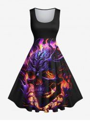 Robe D'Halloween Costume Vintage Crâne en Feu Imprimé Grande Taille - Noir XS