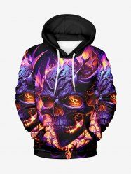 Sweat à Capuche Imprimé Crâne Brûlant D'Halloween en Métal Grande Taille avec Poche - Noir 8XL