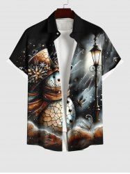 Plus Size Christmas Floral Snowman Street Light Print Buttons Pocket Shirt For Men -  