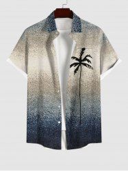 Plus Size Ombre Colorblock Coconut Tree Print Buttons Pocket Hawaii Shirt For Men -  