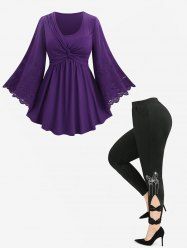 Twist Panel Hollow Out Embroidery Floral Flare Sleeves Top and Bowknot Butterfly Leggings Plus Size Outfit -  
