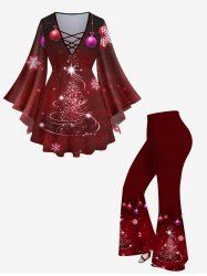 Christmas Tree Ball Snowflake Galaxy Print Ombre Lattice Top and Flare Pants Plus Size Matching Set -  